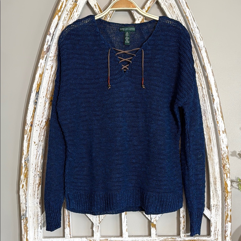 Ralph Lauren Blue V-Neck Sweater with Textured Ribbed Pattern